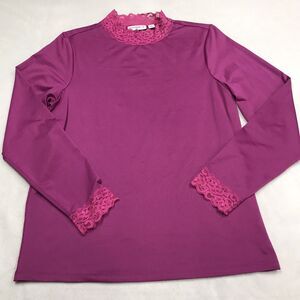 SUSAN GRAVER Top Women L Fuchsia Lace Collar & Cuff Butter Knit Stretch Long Slv